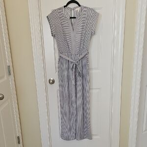 Monteau White & Navy Striped Jumpsuit with Tie Waist